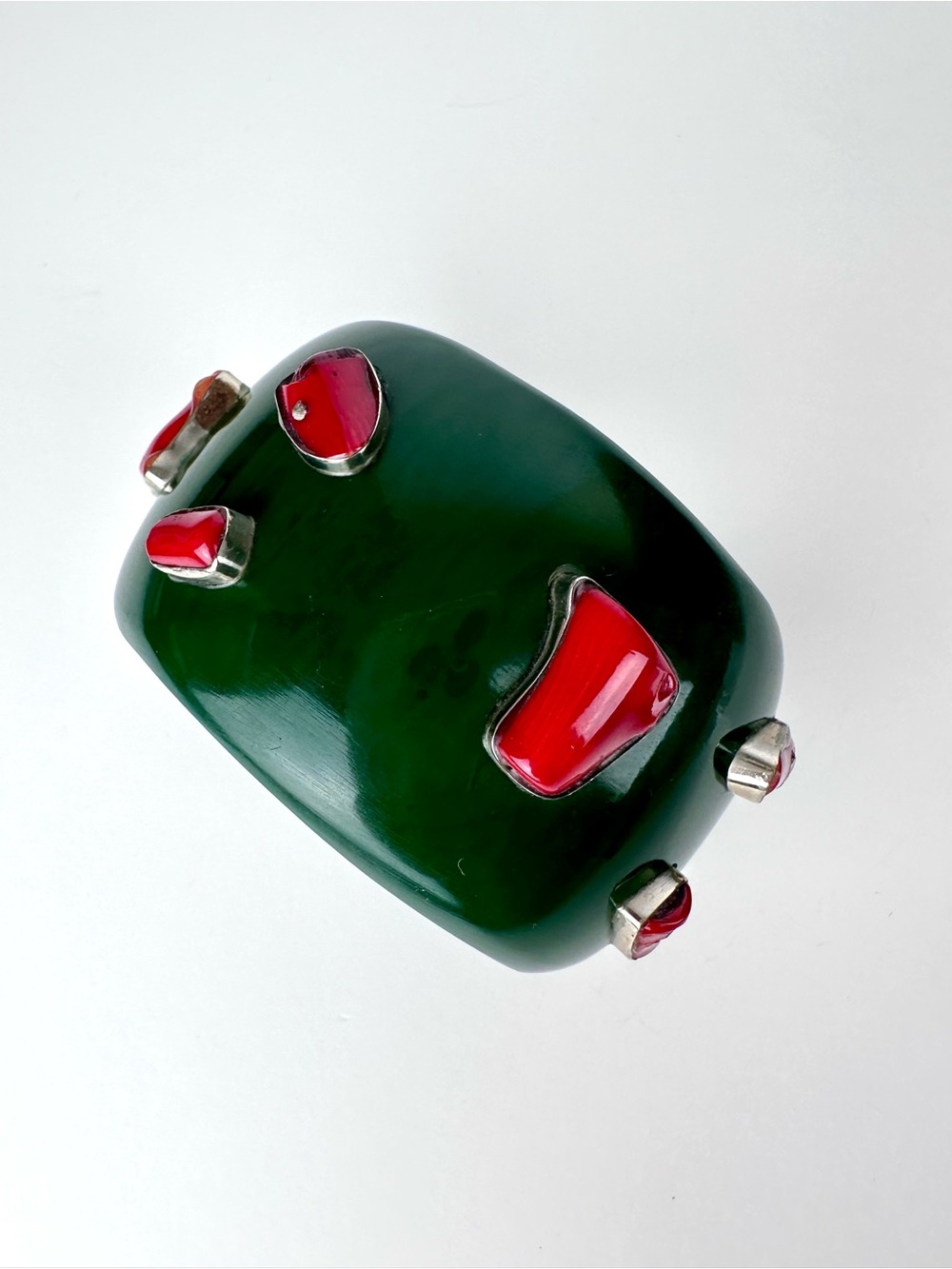 Massive Green Resin & Red Coral Sterling Silver Statement Cuff Bracelet - Picture 6 of 12